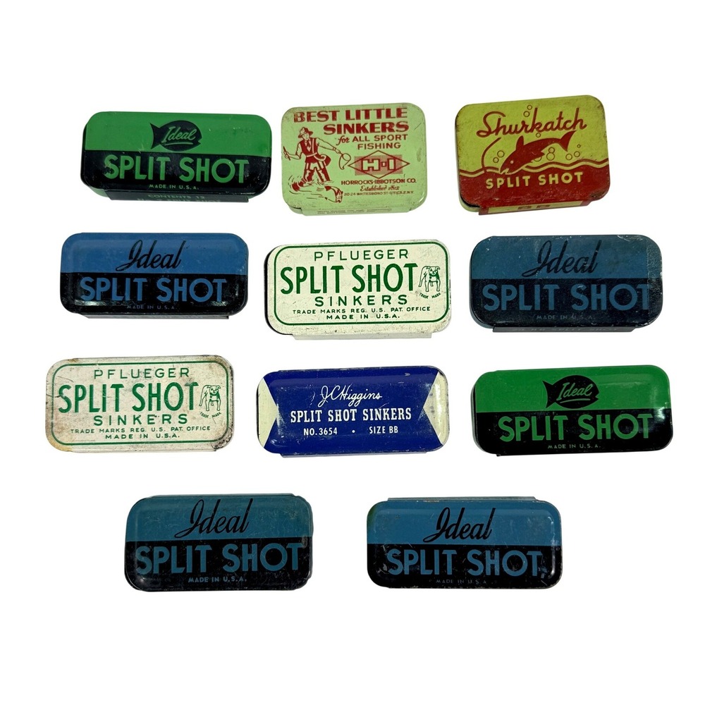 Vintage Fishing Sinker Tin Lot Pflueger Ideal JC Higgins HI Shurkatch Split Shot